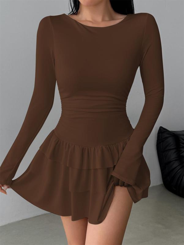 Coffee Long Sleeve Bodycon Pleated Waist Ruffles Sexy Club Mini Dress