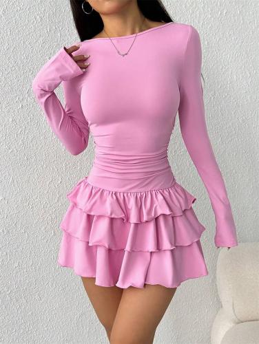 Pink Long Sleeve Bodycon Pleated Waist Ruffles Sexy Club Mini Dress