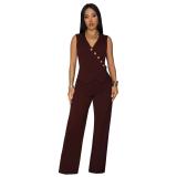 Brown Two Pieces Sleeveless Vest Tops Fashion Long Pant Set Dress