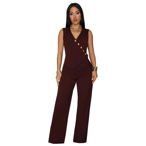 Brown Two Pieces Sleeveless Vest Tops Fashion Long Pant Set Dress