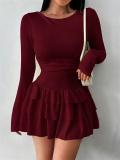Wine Red Long Sleeve Bodycon Pleated Waist Ruffles Sexy Club Mini Dress