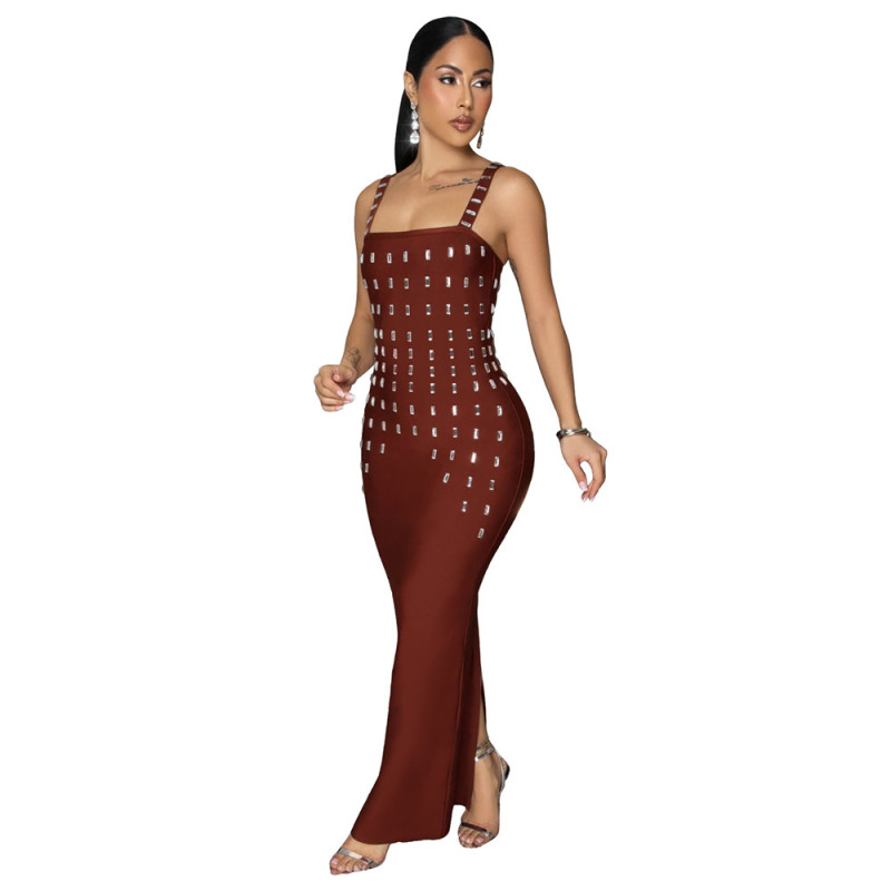 Wine Red Diamonds Straps Square Neck Bodycon Luxury Women Midi Dress