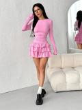Pink Long Sleeve Bodycon Pleated Waist Ruffles Sexy Club Mini Dress