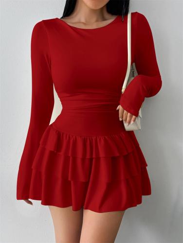 Red Long Sleeve Bodycon Pleated Waist Ruffles Sexy Club Mini Dress