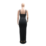 Black Diamonds Straps Square Neck Bodycon Luxury Women Midi Dress