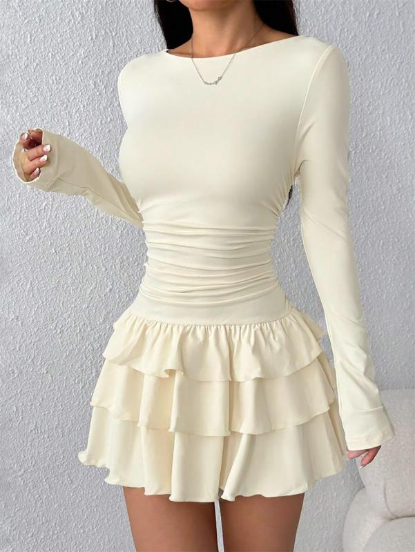 Apricot Long Sleeve Bodycon Pleated Waist Ruffles Sexy Club Mini Dress