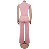 Pink Two Pieces Sleeveless Vest Tops Fashion Long Pant Set Dress