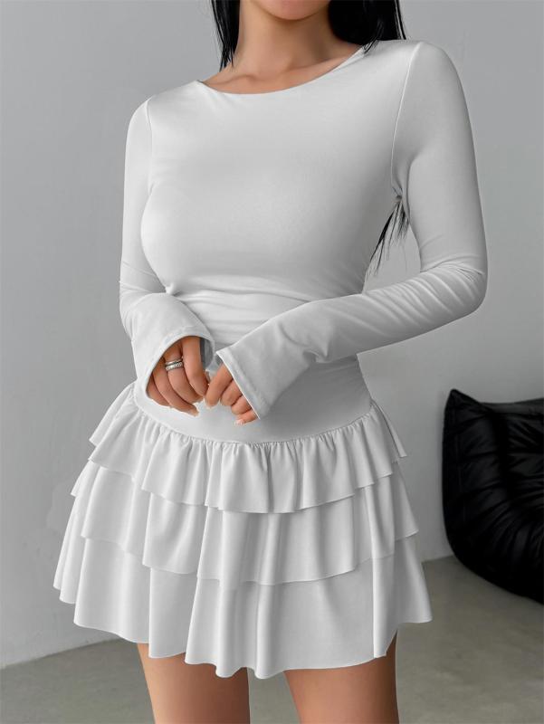 White Long Sleeve Bodycon Pleated Waist Ruffles Sexy Club Mini Dress