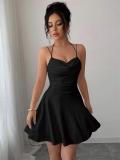 Black Halter V Neck Pleated Ruffles Fashion Sexy Mini Party Dress