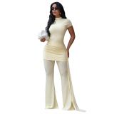 Light Yellow Short Sleeve Pleated Fashion Women Folds Wide Leg Long Jumpsuits