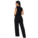 Black Two Pieces Sleeveless Vest Tops Fashion Long Pant Set Dress
