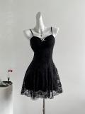 Black Straps Lace V Neck Hollow Out Cute Girl Fashion Mini Skirt Dress