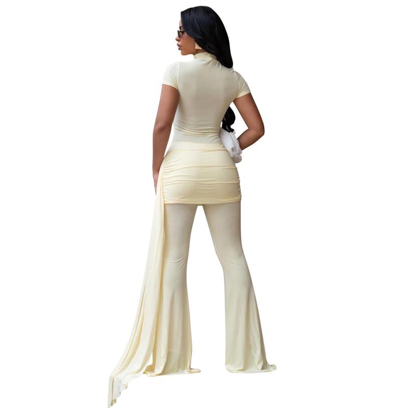 Light Yellow Short Sleeve Pleated Fashion Women Folds Wide Leg Long Jumpsuits