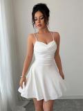 White Halter V Neck Pleated Ruffles Fashion Sexy Mini Party Dress