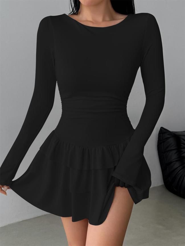 Black Long Sleeve Bodycon Pleated Waist Ruffles Sexy Club Mini Dress
