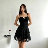 Black Straps Lace V Neck Hollow Out Cute Girl Fashion Mini Skirt Dress