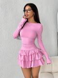 Pink Long Sleeve Bodycon Pleated Waist Ruffles Sexy Club Mini Dress