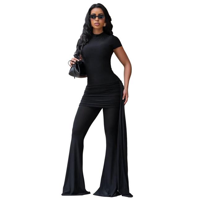 Black Short Sleeve Pleated Fashion Women Folds Wide Leg Long Jumpsuits