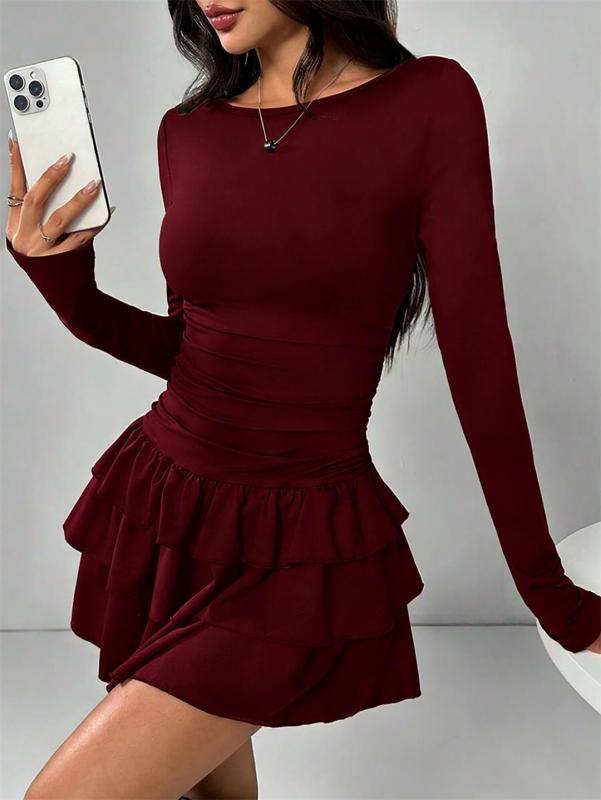 Wine Red Long Sleeve Bodycon Pleated Waist Ruffles Sexy Club Mini Dress