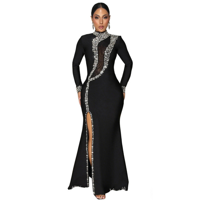 Black Long Sleeve Mesh Diamonds Luxury Women Formal Long Dress