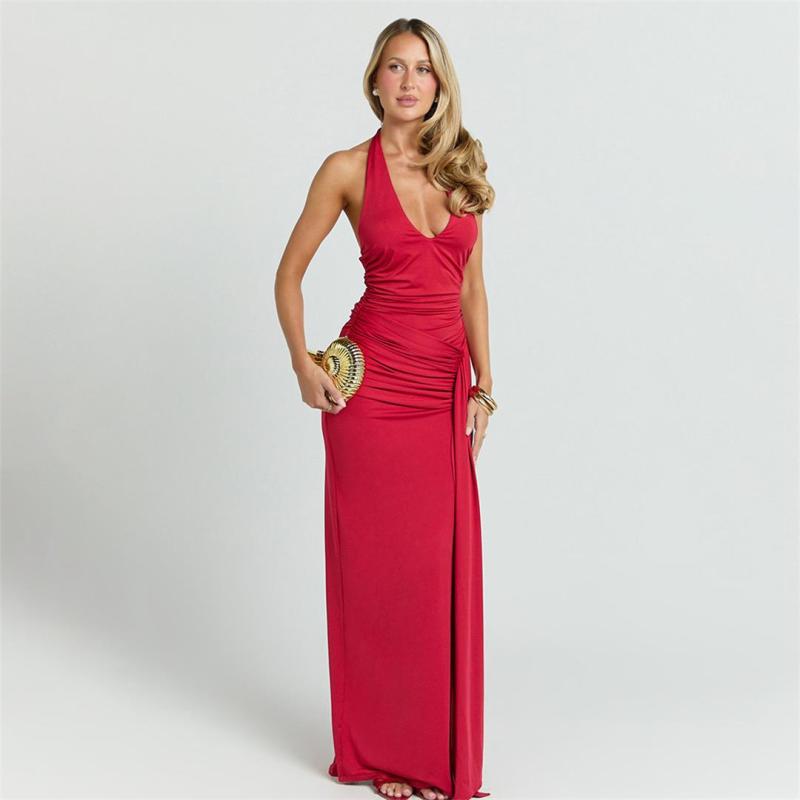 Red Summer Style Elegant Deep V Neck Tight Long Dress Sexy Backless Strap Fishtail Dress