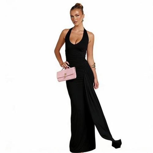 Black Summer Style Elegant Deep V Neck Tight Long Dress Sexy Backless Strap Fishtail Dress