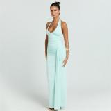 Light Green Summer Style Elegant Deep V Neck Tight Long Dress Sexy Backless Strap Fishtail Dress