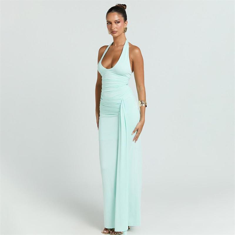 Light Green Summer Style Elegant Deep V Neck Tight Long Dress Sexy Backless Strap Fishtail Dress