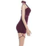 Wine Red Sleeveless Slash Mesh Sexy Women Party Mini Dress