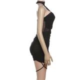 Black Sleeveless Slash Mesh Sexy Women Party Mini Dress