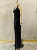 Black Summer Style Elegant Deep V Neck Tight Long Dress Sexy Backless Strap Fishtail Dress