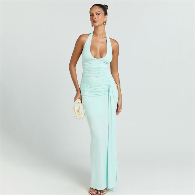 Light Green Summer Style Elegant Deep V Neck Tight Long Dress Sexy Backless Strap Fishtail Dress