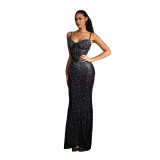 Black Sleeveless Halter V Neck Rhinestones Bodycon Formal Dress