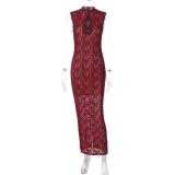Claret Sleeveless Hollow Out Lining Sexy Elegant Bodycon Women Maxi Dress