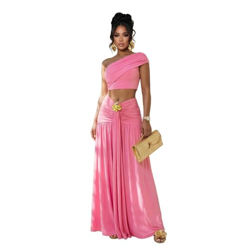 Pink Two Pieces Crop Tops Pleated Folds Casual Maxi Skirt Dress Sets