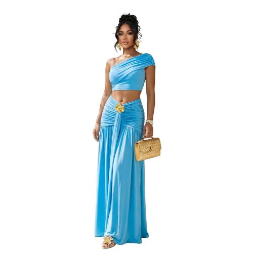 Blue Two Pieces Crop Tops Pleated Folds Casual Maxi Skirt Dress Sets