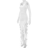 White Straps Boat Neck Split Ruffles Fashion Women Tassels Midi Dress