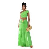 Green Two Pieces Crop Tops Pleated Folds Casual Maxi Skirt Dress Sets