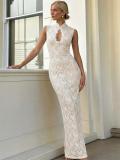 White Sleeveless Hollow Out Lining Sexy Elegant Bodycon Women Maxi Dress