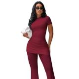 Wine Red Short Sleeve Pleated Fashion Women Folds Wide Leg Long Jumpsuits