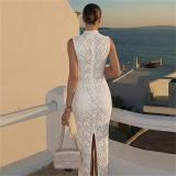 White Sleeveless Hollow Out Lining Sexy Elegant Bodycon Women Maxi Dress