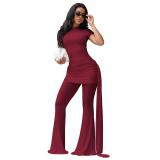 Wine Red Short Sleeve Pleated Fashion Women Folds Wide Leg Long Jumpsuits