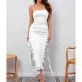 White Straps Boat Neck Split Ruffles Fashion Women Tassels Midi Dress