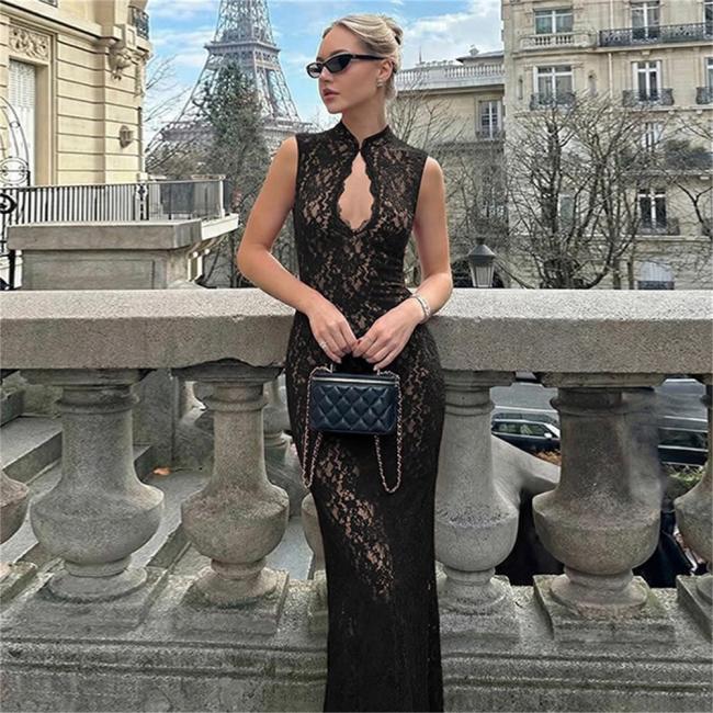 Black Sleeveless Hollow Out Lining Sexy Elegant Bodycon Women Maxi Dress