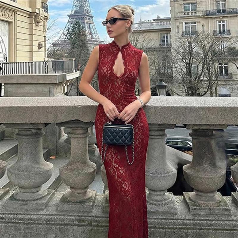 Claret Sleeveless Hollow Out Lining Sexy Elegant Bodycon Women Maxi Dress