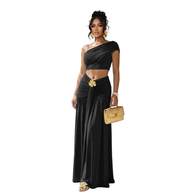 Black Two Pieces Crop Tops Pleated Folds Casual Maxi Skirt Dress Sets