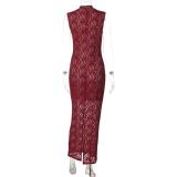 Claret Sleeveless Hollow Out Lining Sexy Elegant Bodycon Women Maxi Dress