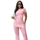 Pink Short Sleeve Pleated Fashion Women Folds Wide Leg Long Jumpsuits