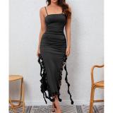 Black Straps Boat Neck Split Ruffles Fashion Women Tassels Midi Dress