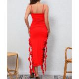 Red Straps Boat Neck Split Ruffles Fashion Women Tassels Midi Dress